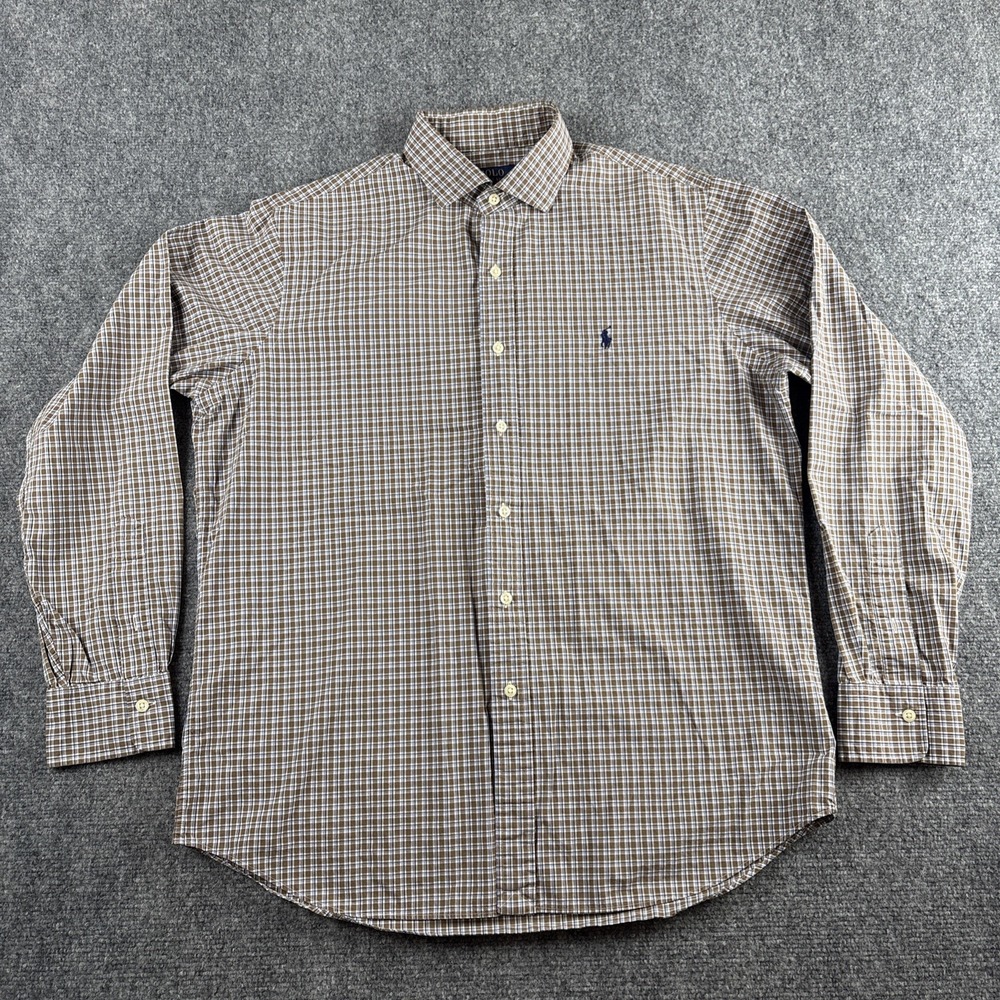 Polo Ralph Lauren Men's Plaid Stretch Button Down Shirt Brown Blue White LG